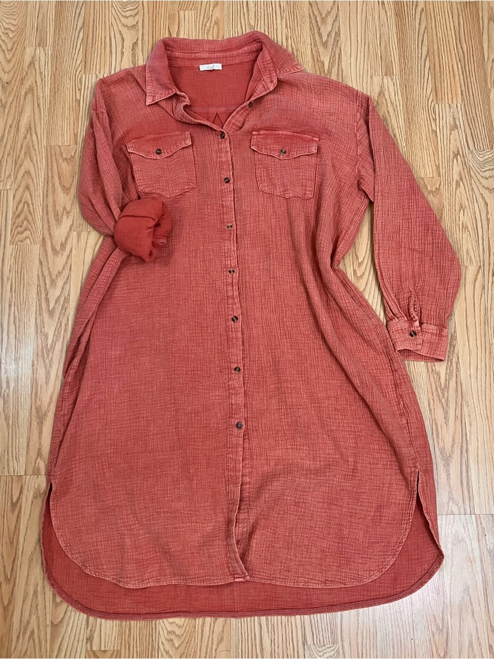Easel Button-Front Rust Gauze Shirt Dress